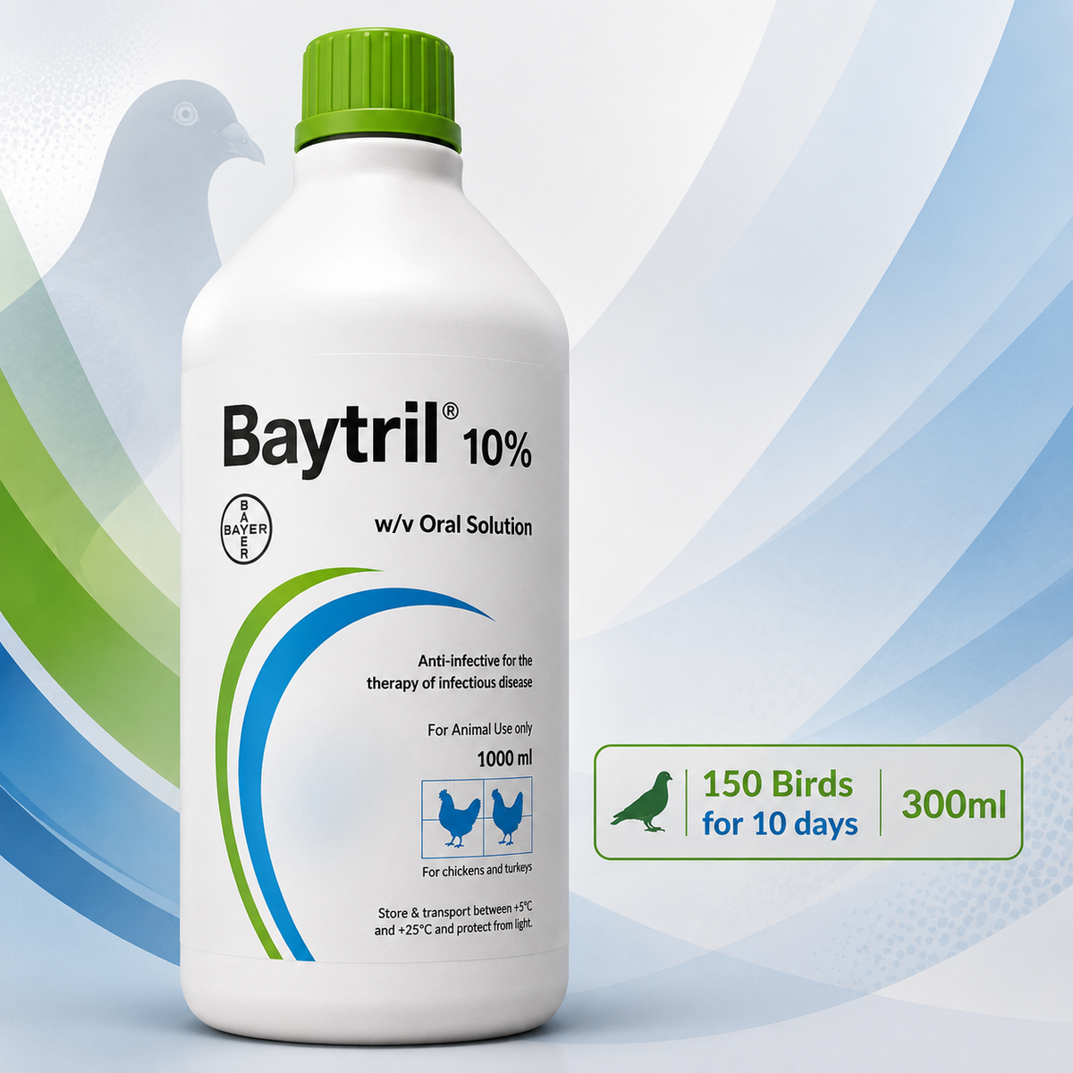 Baytril Oral Suspension 10%- to treat 150 Birds for 10 days 300ml