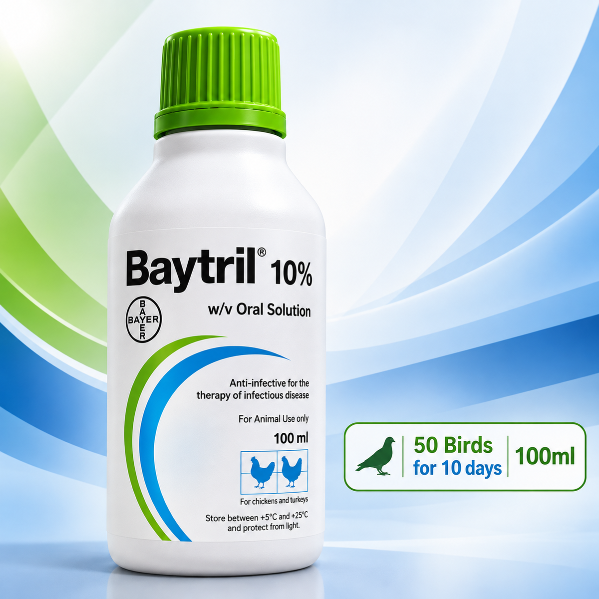 Baytril Suspension zum Einnehmen 10 % – zur Behandlung von 50 Vögeln für 10 Tage, 100 ml