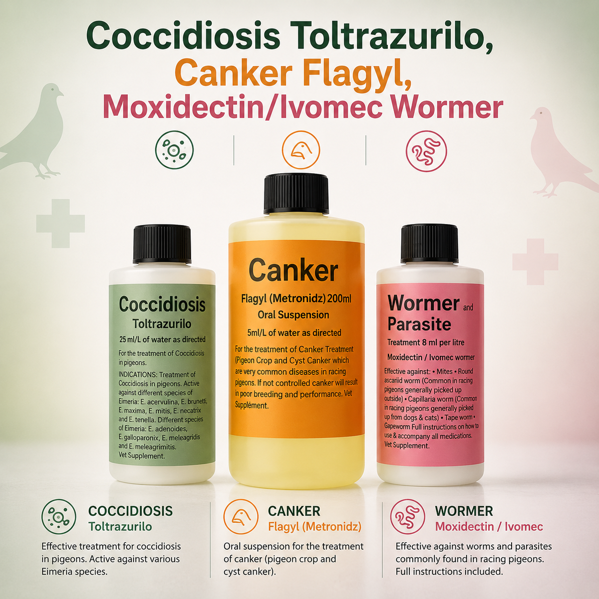 Coccidiosis Toltrazurilo, Canker Flagyl, Moxidectin/Ivomec wormer