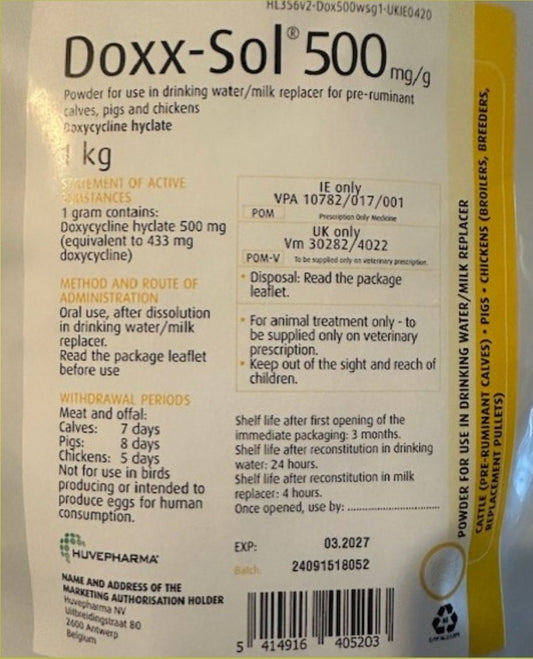 Doxx-Sol  (Doxycycline Hyclate) 500grms to treat 100 Pigeons