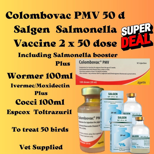 Colombovac 50 doses et 2 x Salgen Salmonella paratyphoïde 50 doses et coques, vermifuge, chancre,