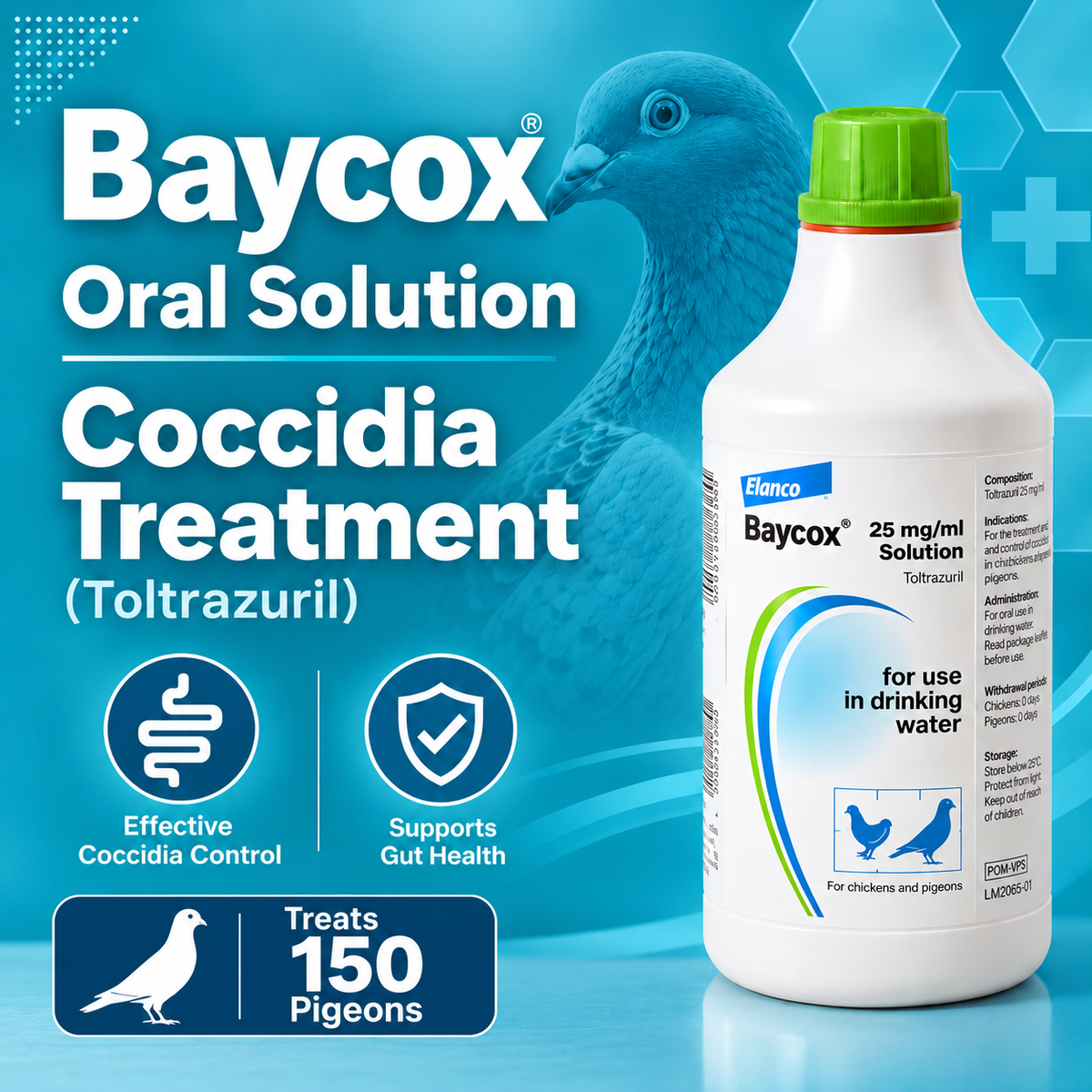 Baycox 2.5% Solution  Coccidia Pigeon treatment (Toltrazuril) 300ml  To treat 150 pigeons
