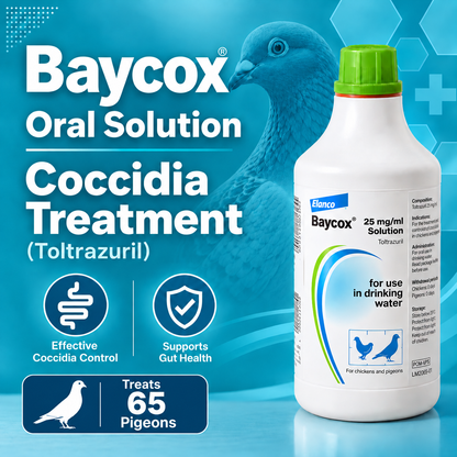 Baycox 2.5% Solution  Coccidia Pigeon treatment (Toltrazuril) 150ml (To treat 65 pigeons)