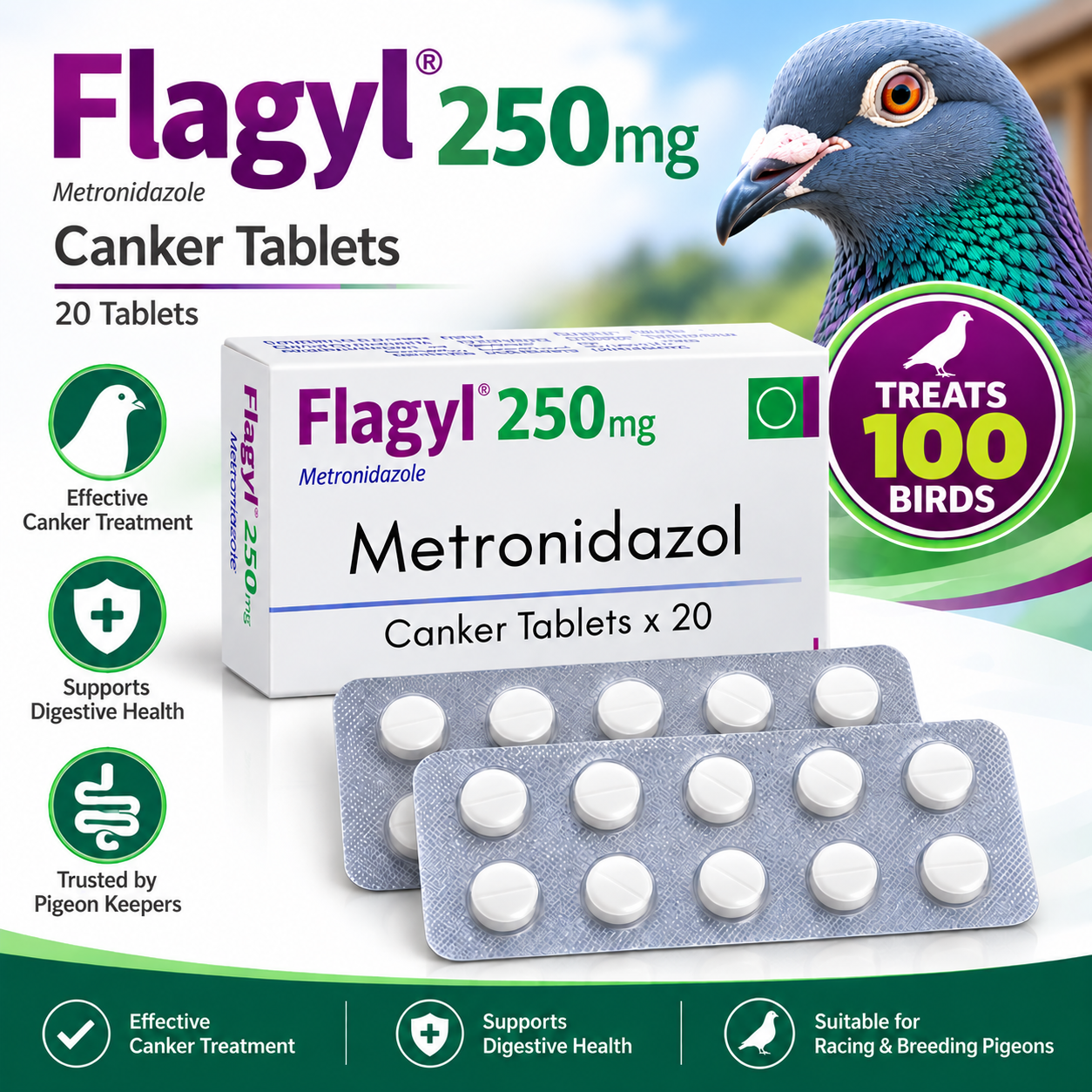 Flagyl 250mg Canker  100 x 25mg tablets to treat 100 birds