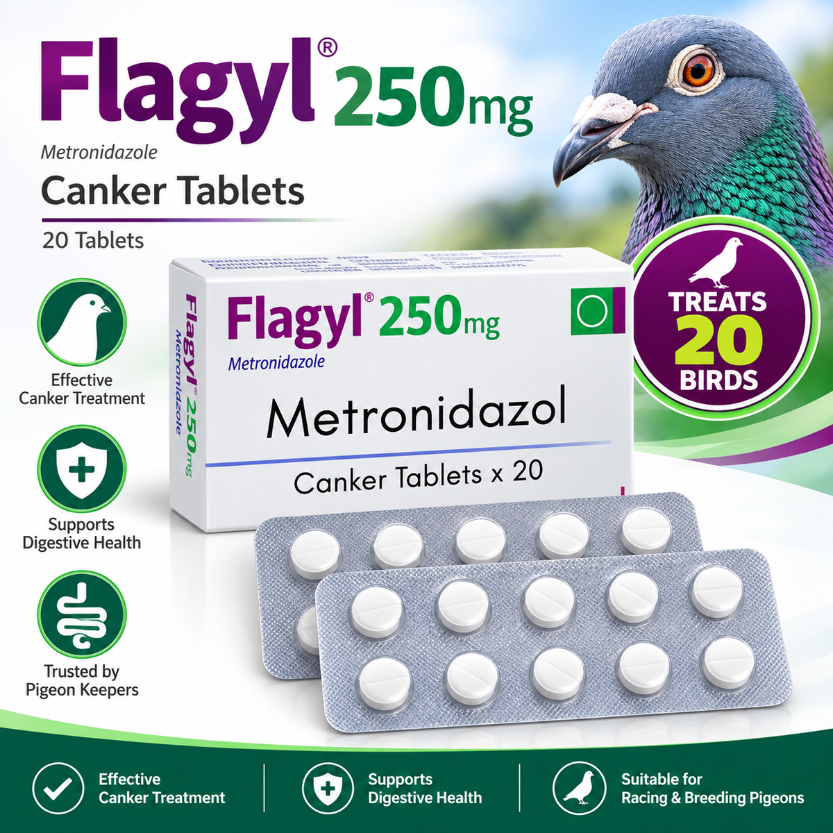 Flagyl 250mg Canker  20 x 25mg tablets to treat 20 birds