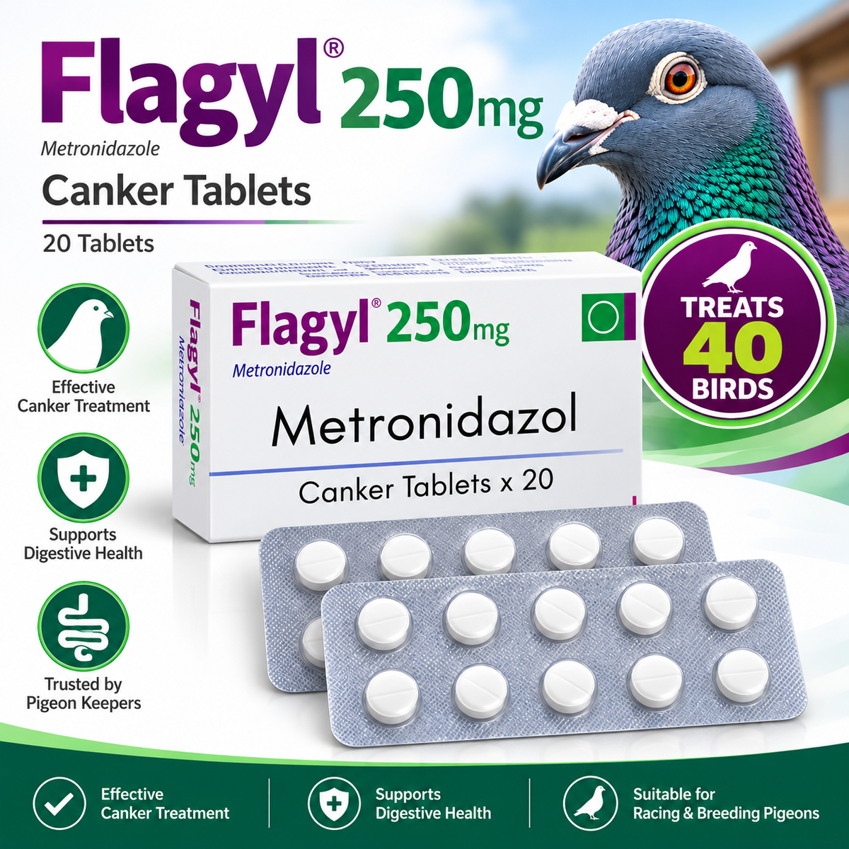 Flagyl 250mg Canker  40 x 25mg tablets to treat 40 birds