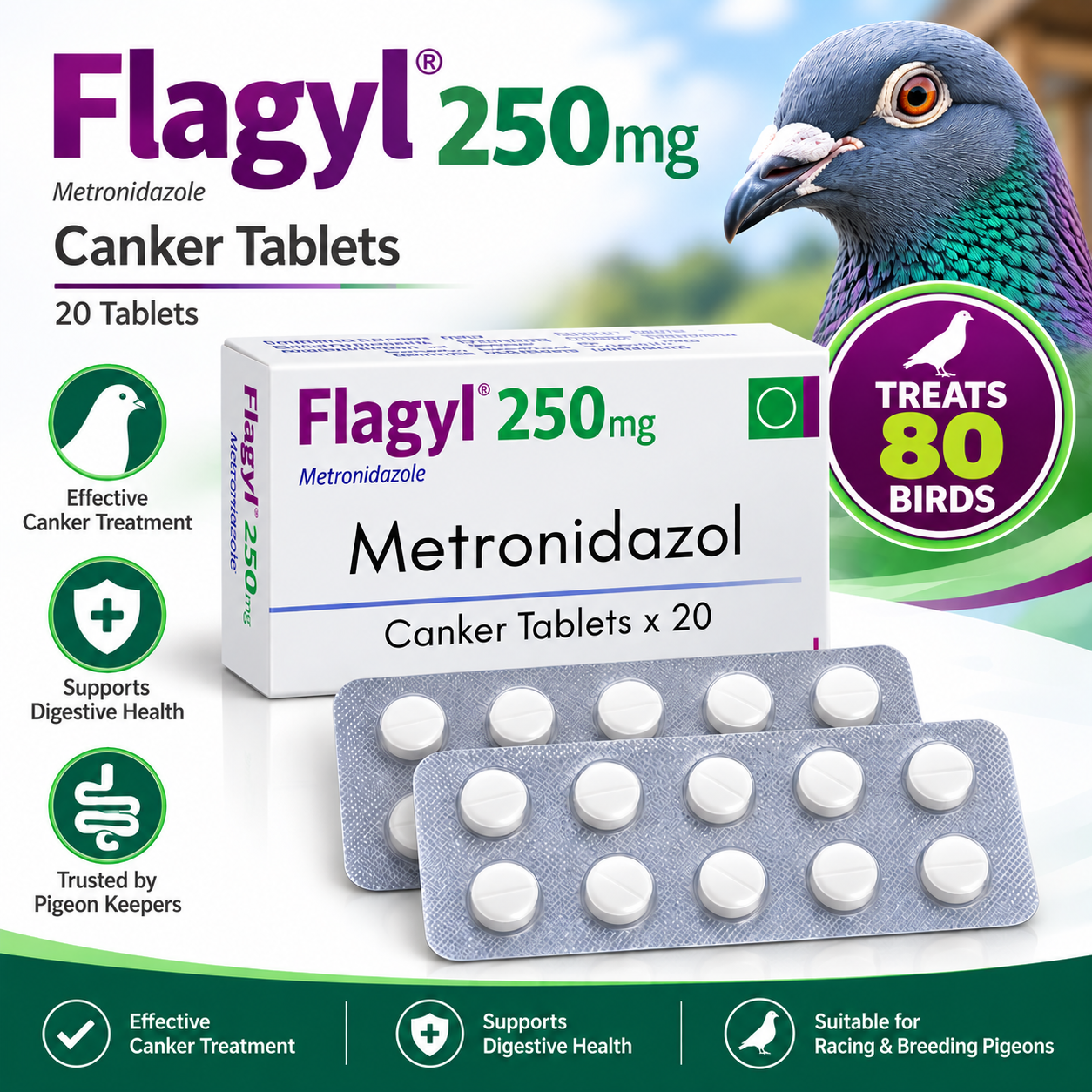 Flagyl 250mg Canker  80 x 25mg tablets to treat 80 birds