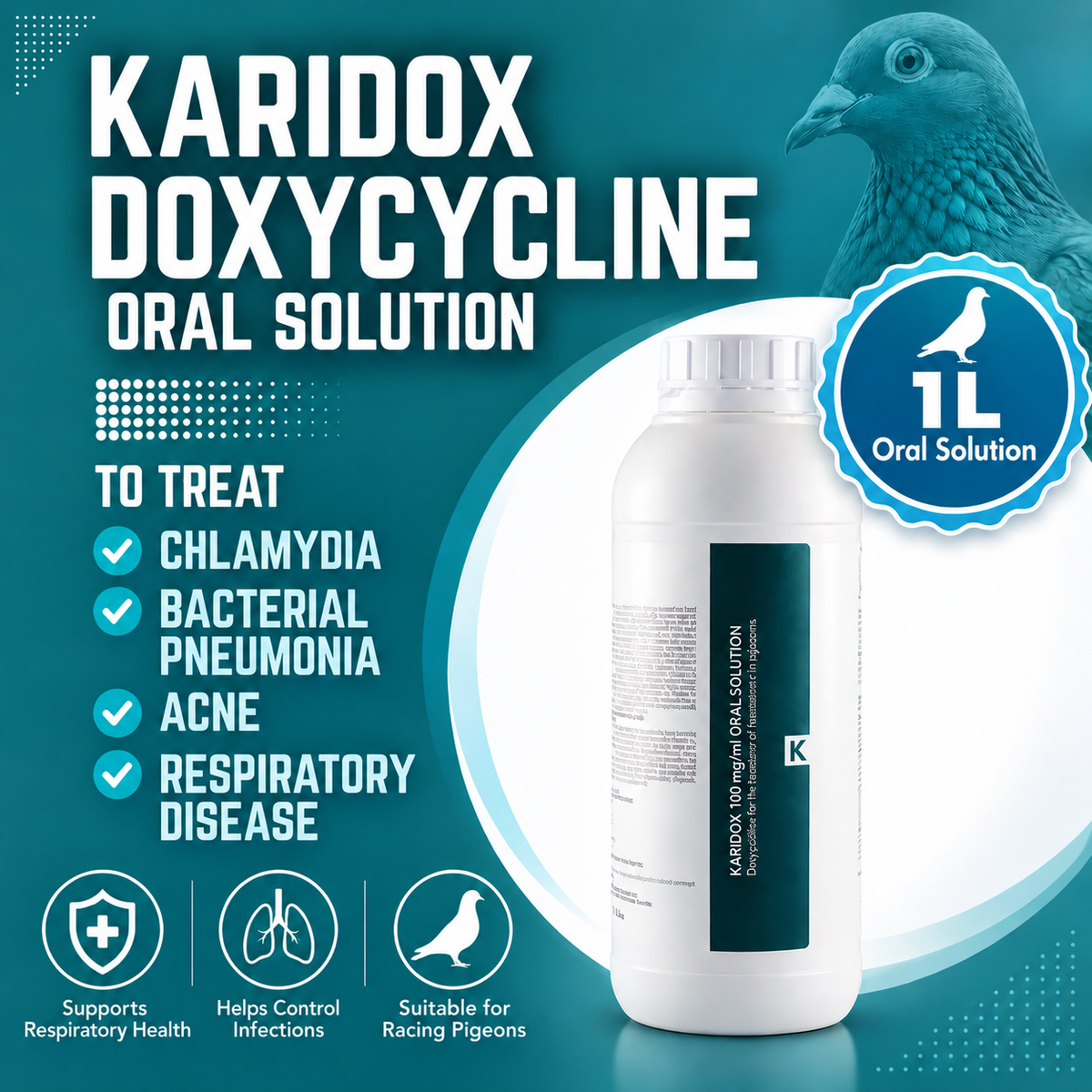 Karidox (Doxycycline) to treat bacterial pneumonia, acne, chlamydia, respiratory disease - oral solution  1L